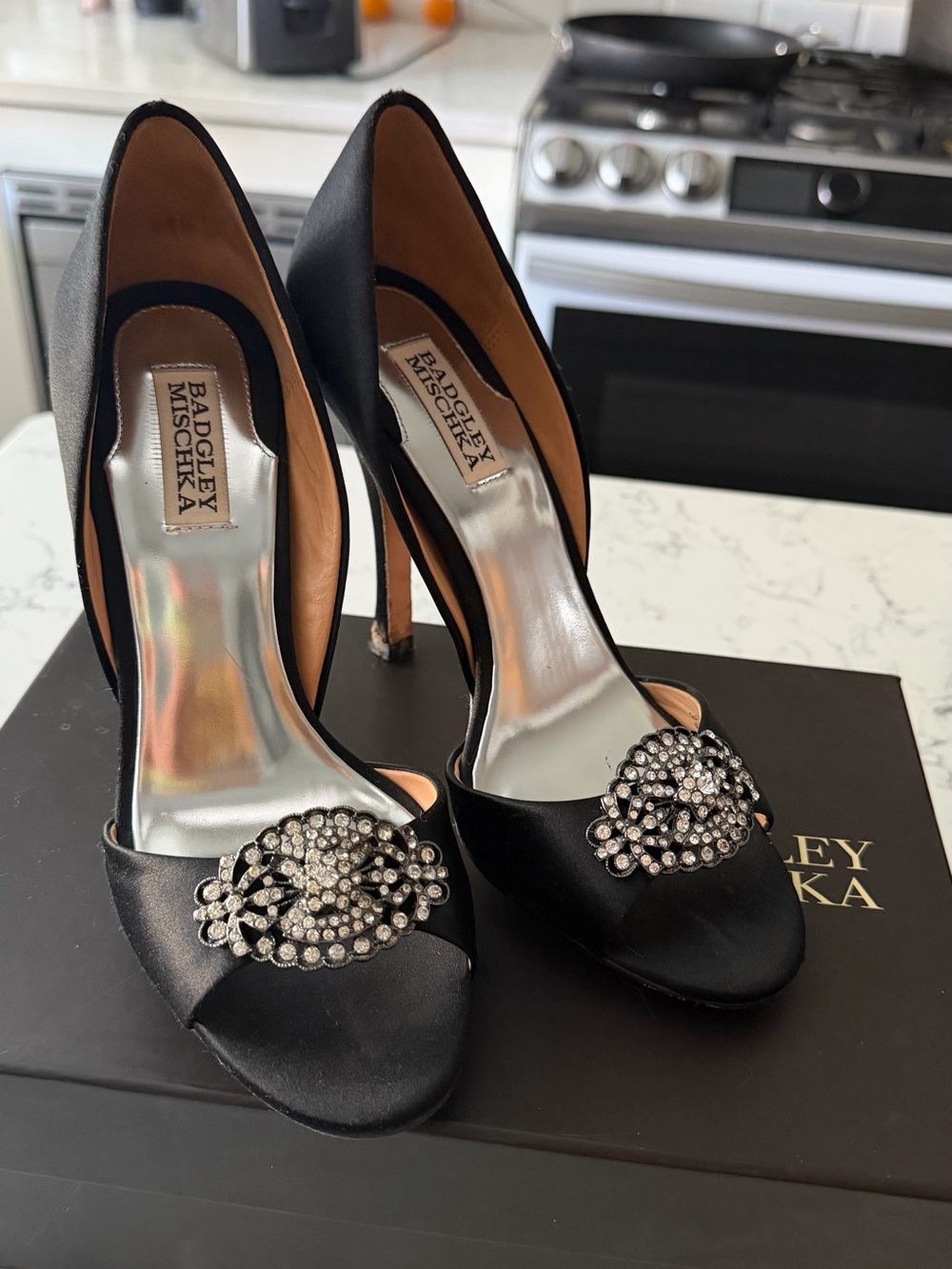 Badgley Mischka Black Satin Embellished Pumps